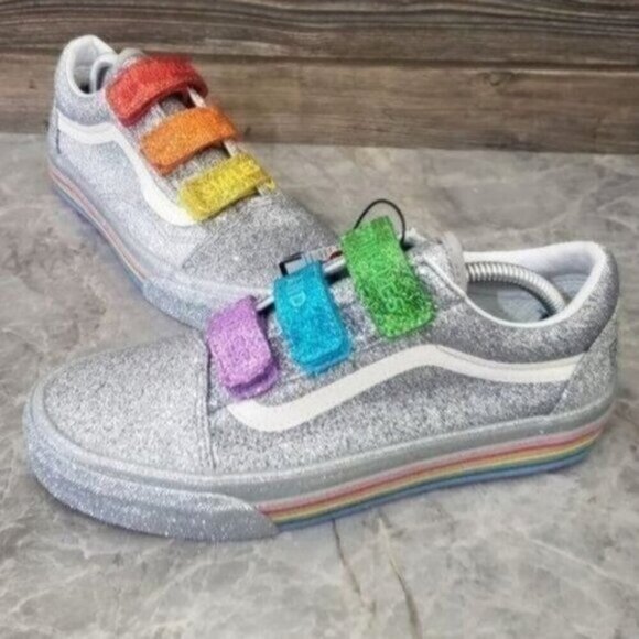 New VANS Old Skool Velcro Flour Shop Glitter Silver Shoes - Picture 1 of 10